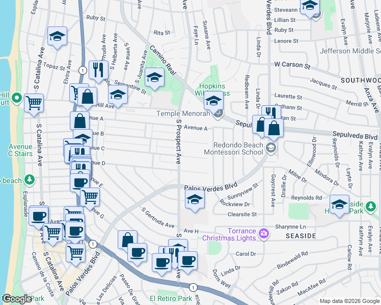 map of restaurants, bars, coffee shops, grocery stores, and more near 1039 Avenue C in Redondo Beach