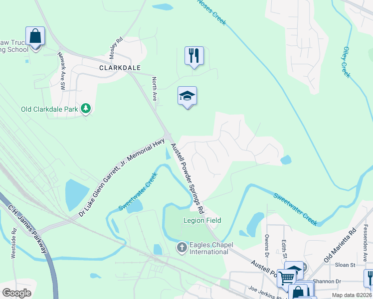 map of restaurants, bars, coffee shops, grocery stores, and more near 2015 Gladiola Way in Austell