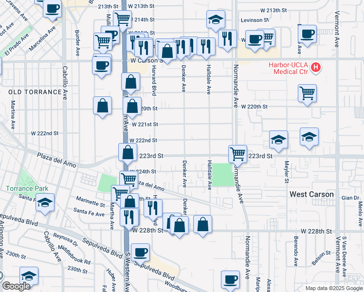map of restaurants, bars, coffee shops, grocery stores, and more near 22209 Denker Avenue in Torrance