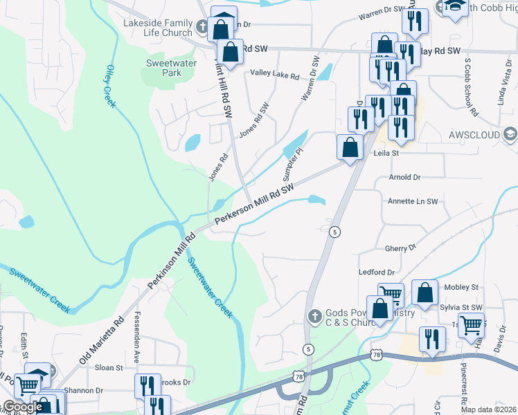 map of restaurants, bars, coffee shops, grocery stores, and more near 2281 Perkerson Mill Road Southwest in Austell