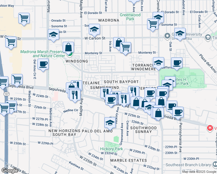 map of restaurants, bars, coffee shops, grocery stores, and more near 2800 Plaza del Amo in Torrance