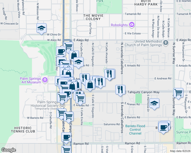 map of restaurants, bars, coffee shops, grocery stores, and more near 222 North Calle El Segundo in Palm Springs