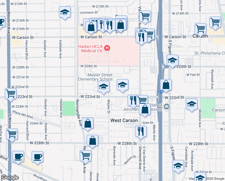 map of restaurants, bars, coffee shops, grocery stores, and more near 22238 Poppy Court in Torrance
