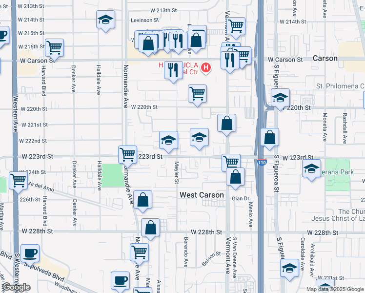 map of restaurants, bars, coffee shops, grocery stores, and more near 22238 Poppy Court in Torrance