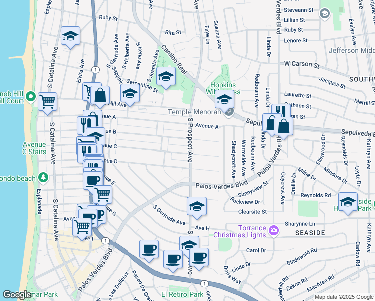 map of restaurants, bars, coffee shops, grocery stores, and more near 867 Avenue C in Redondo Beach
