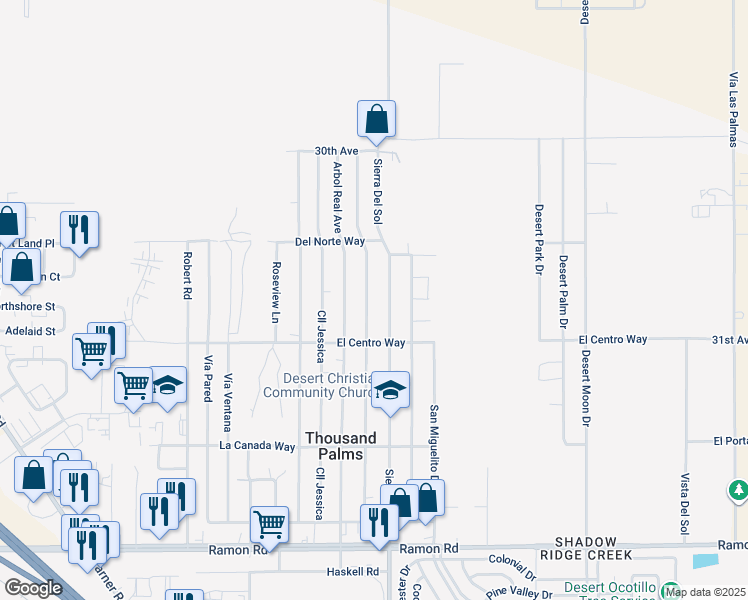 map of restaurants, bars, coffee shops, grocery stores, and more near 30815 Las Flores Way in Thousand Palms