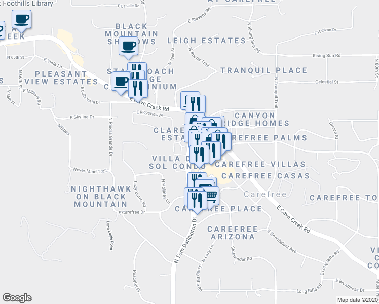 map of restaurants, bars, coffee shops, grocery stores, and more near North Tom Darlington Drive in Carefree