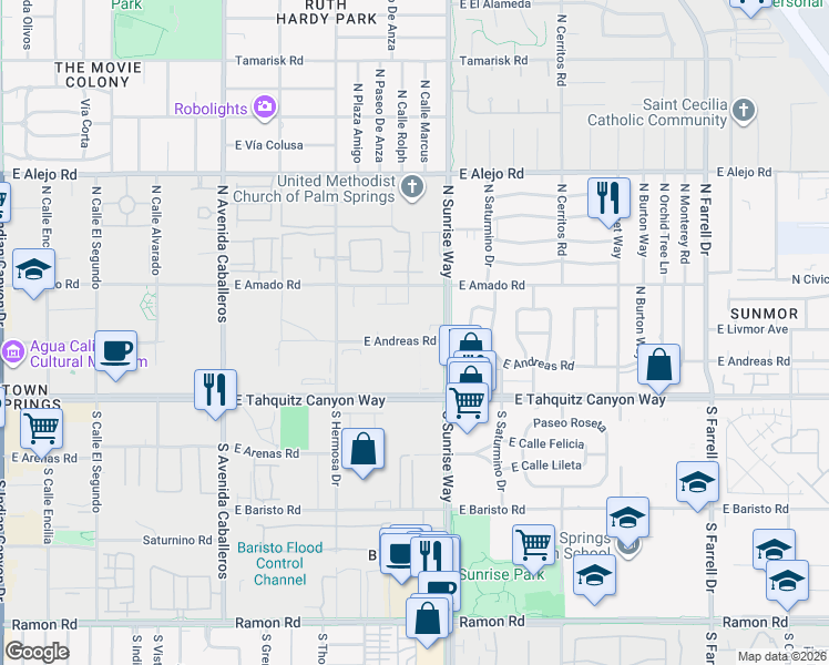 map of restaurants, bars, coffee shops, grocery stores, and more near 1472 East Andreas Road in Palm Springs