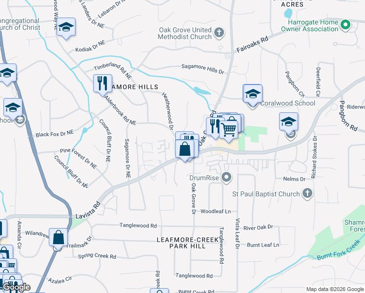 map of restaurants, bars, coffee shops, grocery stores, and more near 1500 Davis Oaks Way in Decatur