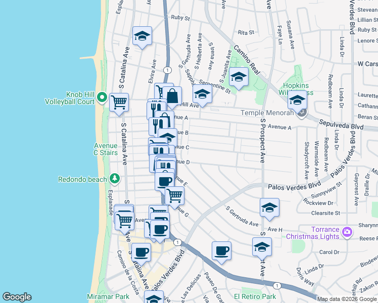map of restaurants, bars, coffee shops, grocery stores, and more near 618 Avenue C in Redondo Beach
