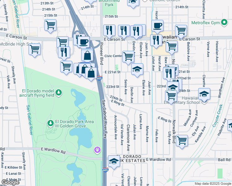 map of restaurants, bars, coffee shops, grocery stores, and more near 22320 Clarkdale Avenue in Hawaiian Gardens