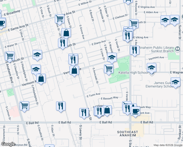 map of restaurants, bars, coffee shops, grocery stores, and more near 941 South Avocado Street in Anaheim