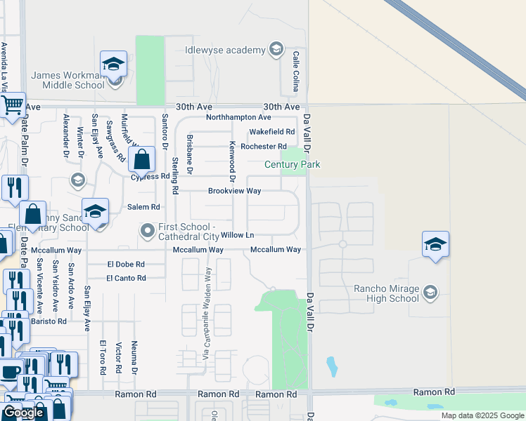map of restaurants, bars, coffee shops, grocery stores, and more near 69835 Bluegrass Way in Cathedral City
