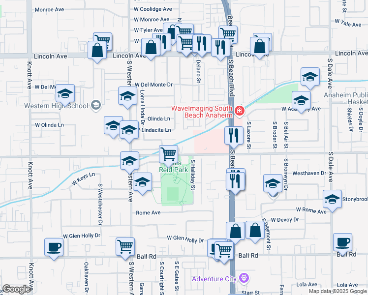 map of restaurants, bars, coffee shops, grocery stores, and more near 3079 West Orange Avenue in Anaheim