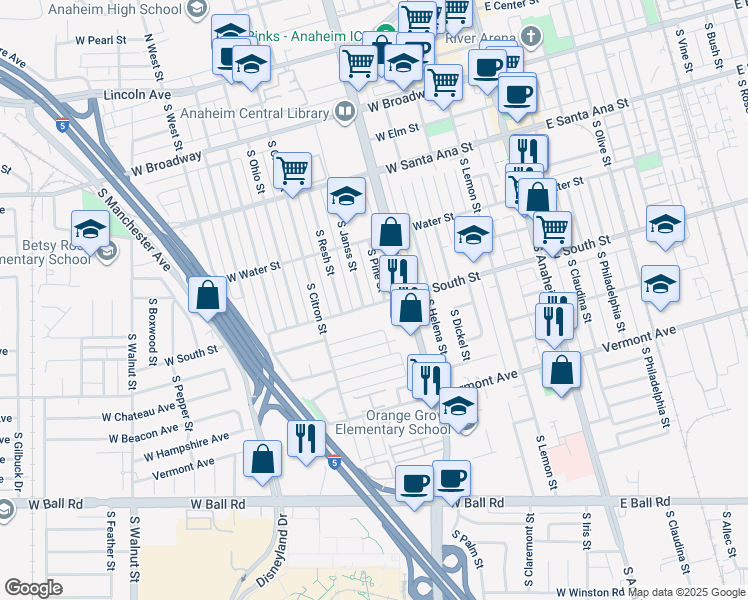 map of restaurants, bars, coffee shops, grocery stores, and more near 529 West South Street in Anaheim