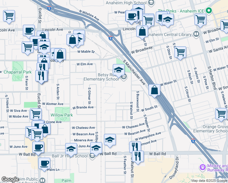map of restaurants, bars, coffee shops, grocery stores, and more near 601 South Kiama Street in Anaheim
