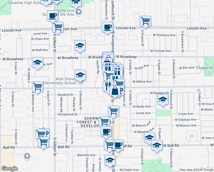 map of restaurants, bars, coffee shops, grocery stores, and more near 2211 West Orange Avenue in Anaheim