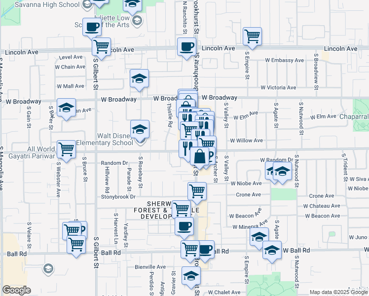 map of restaurants, bars, coffee shops, grocery stores, and more near 2215 West Orange Avenue in Anaheim