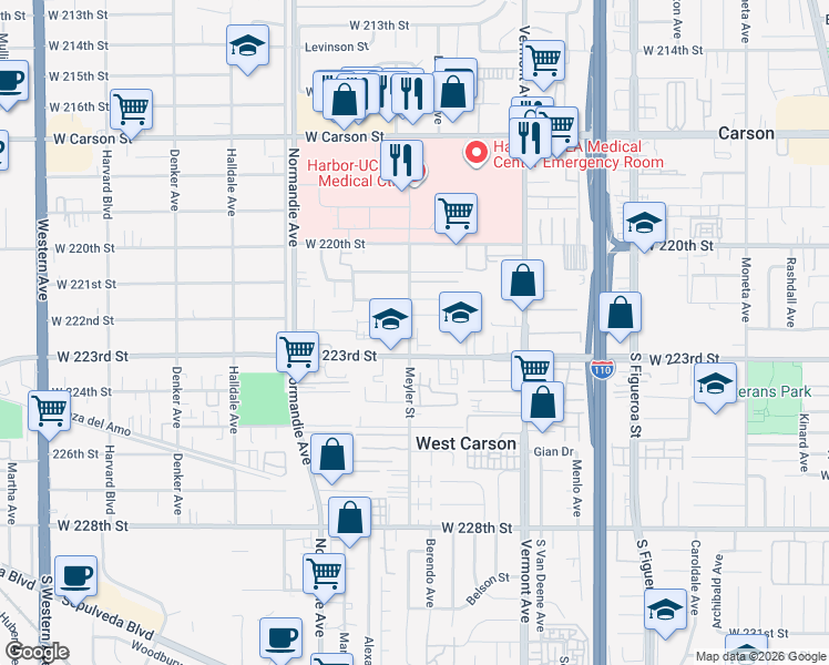 map of restaurants, bars, coffee shops, grocery stores, and more near 22214 Meyler Street in Torrance