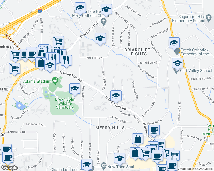 map of restaurants, bars, coffee shops, grocery stores, and more near 1519 Knob Hill Drive Northeast in Atlanta