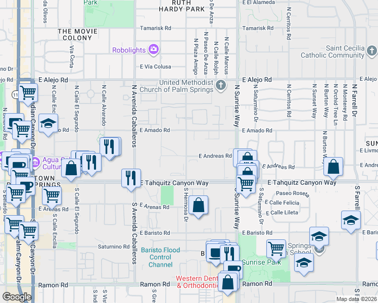 map of restaurants, bars, coffee shops, grocery stores, and more near 206 North Hermosa Drive in Palm Springs