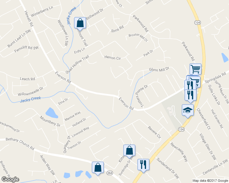 map of restaurants, bars, coffee shops, grocery stores, and more near 3619 Everson Road in Snellville