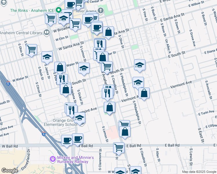 map of restaurants, bars, coffee shops, grocery stores, and more near 842 South Anaheim Boulevard in Anaheim
