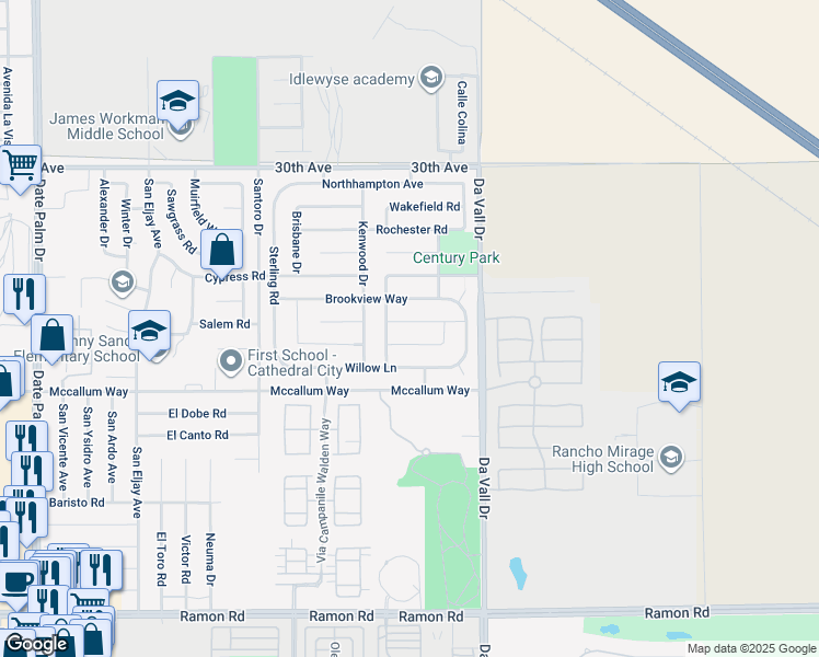 map of restaurants, bars, coffee shops, grocery stores, and more near 69835 Bluegrass Way in Cathedral City