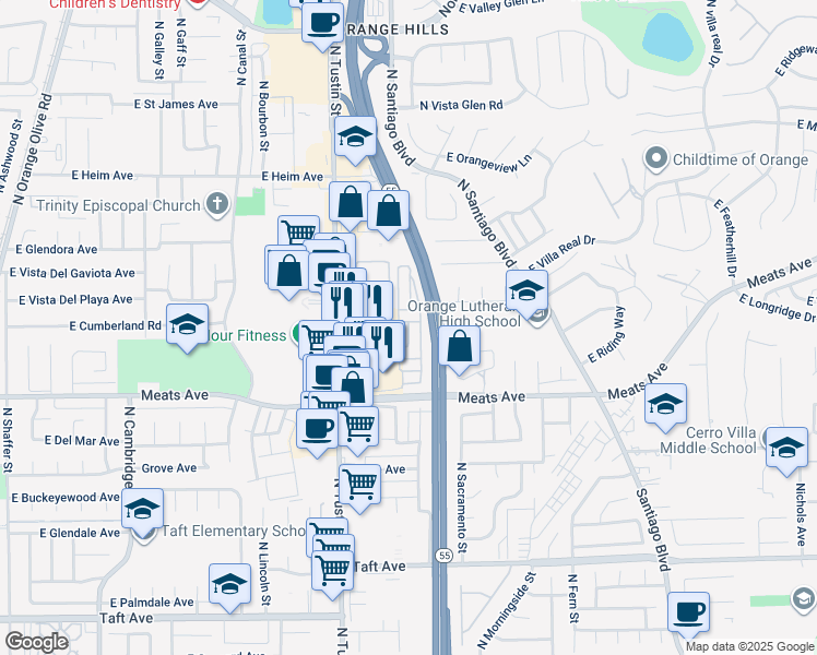 map of restaurants, bars, coffee shops, grocery stores, and more near 1931 East Meats Avenue in Orange
