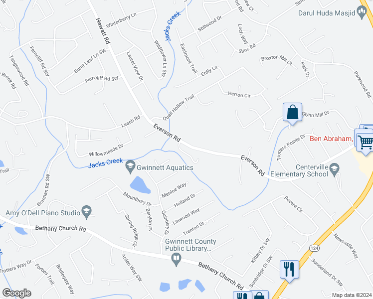 map of restaurants, bars, coffee shops, grocery stores, and more near 3715 Garnet Way in Snellville