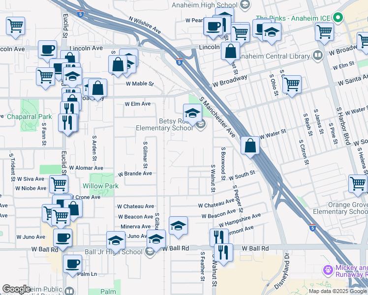 map of restaurants, bars, coffee shops, grocery stores, and more near 601 South Kiama Street in Anaheim