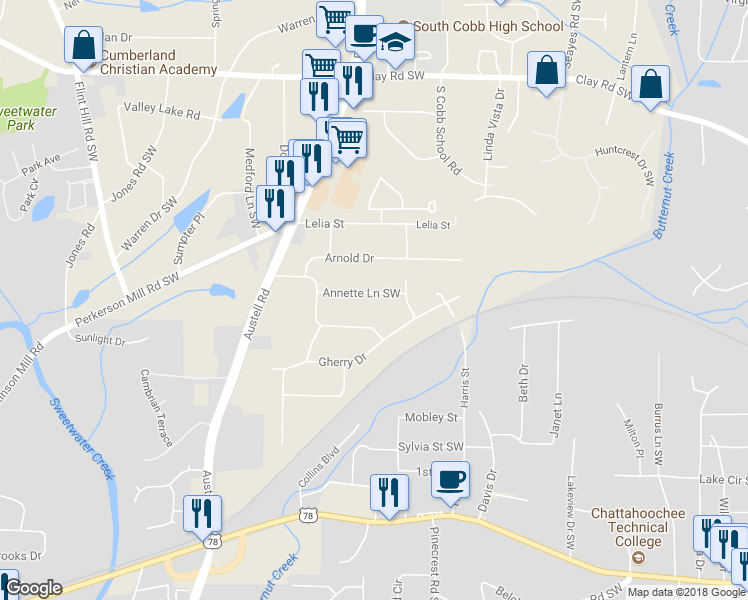 map of restaurants, bars, coffee shops, grocery stores, and more near 1947 Annette Lane Southwest in Austell