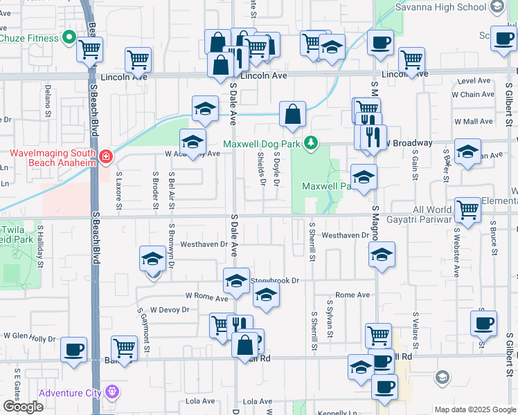 map of restaurants, bars, coffee shops, grocery stores, and more near 507 Shields Drive in Anaheim