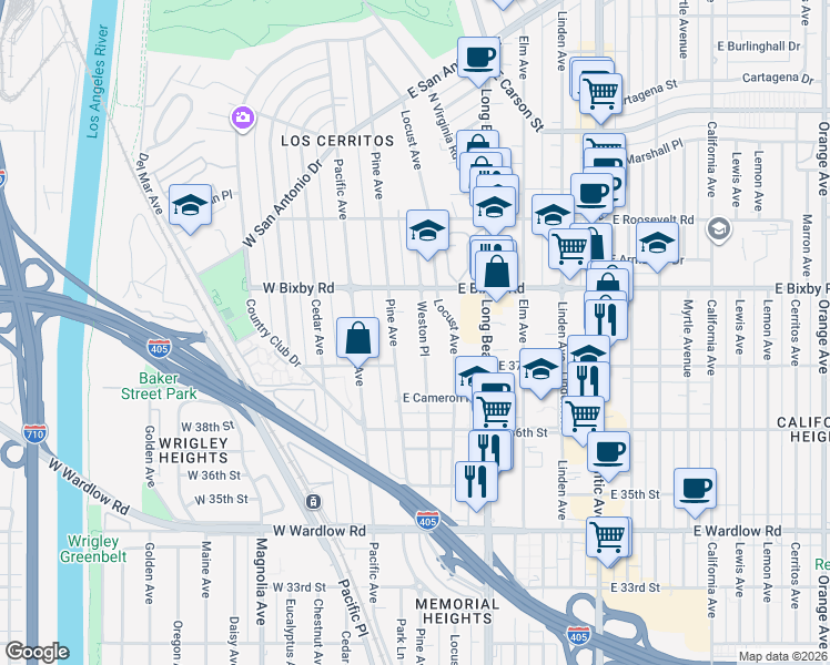 map of restaurants, bars, coffee shops, grocery stores, and more near 3729 Weston Place in Long Beach