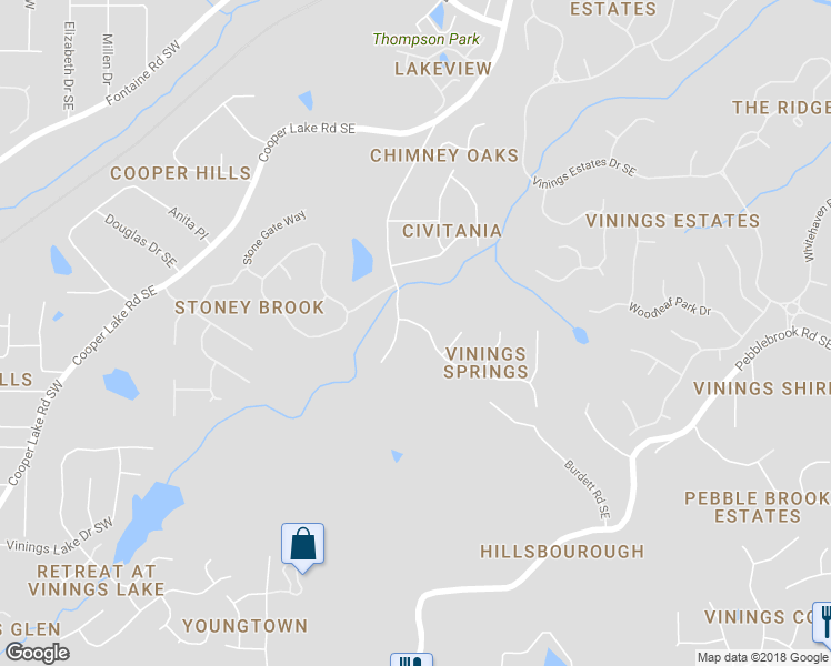 map of restaurants, bars, coffee shops, grocery stores, and more near 550 Vinings Springs Drive Southeast in Mableton