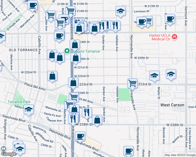 map of restaurants, bars, coffee shops, grocery stores, and more near 1524 West 222nd Street in Torrance