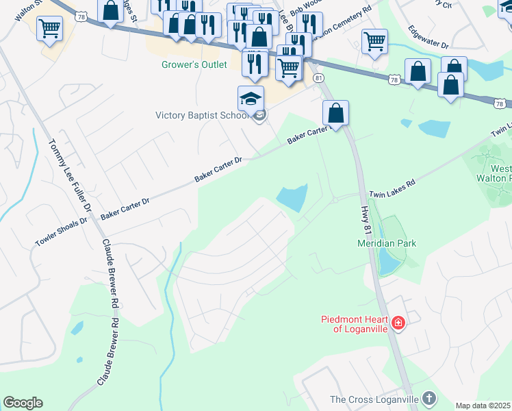 map of restaurants, bars, coffee shops, grocery stores, and more near 405 Sonja Lane in Loganville
