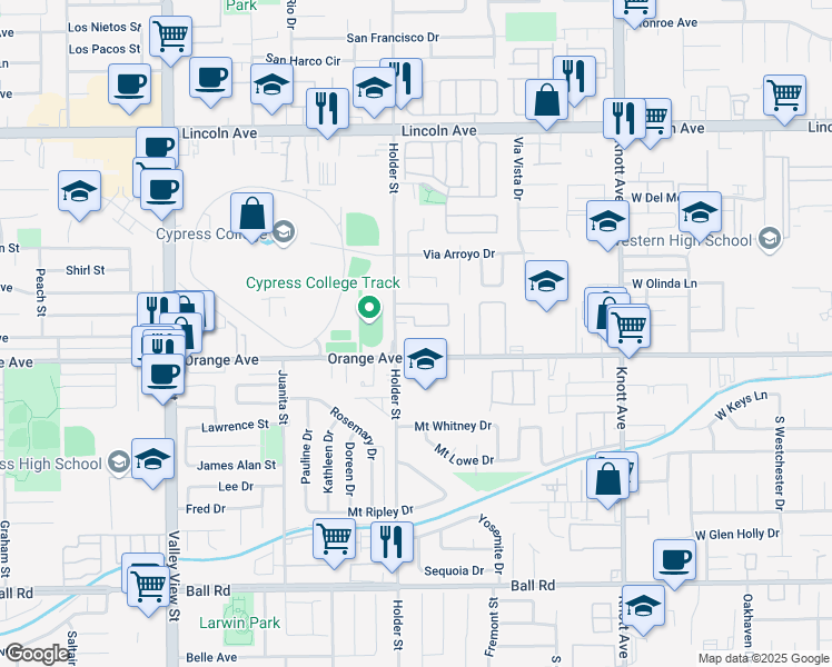 map of restaurants, bars, coffee shops, grocery stores, and more near 6561 Orange Avenue in Anaheim