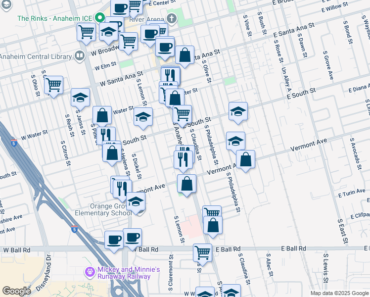 map of restaurants, bars, coffee shops, grocery stores, and more near 842 South Anaheim Boulevard in Anaheim