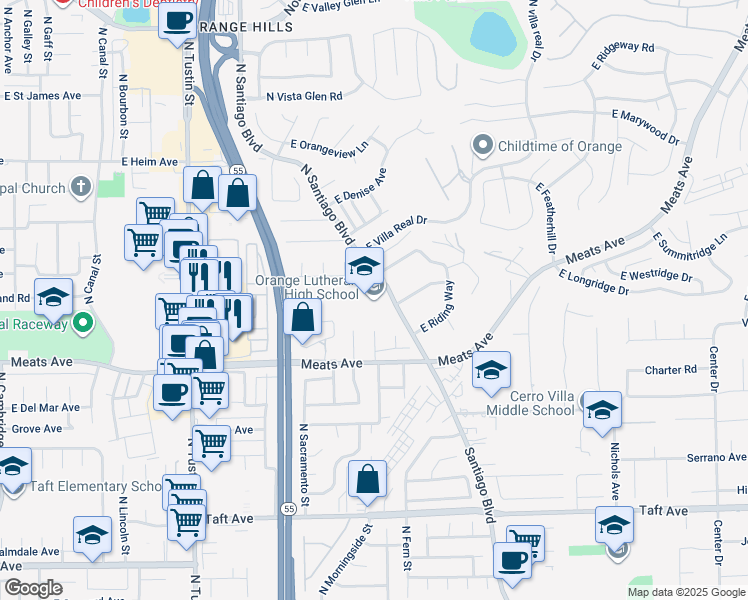map of restaurants, bars, coffee shops, grocery stores, and more near 2222 North Santiago Boulevard in Orange