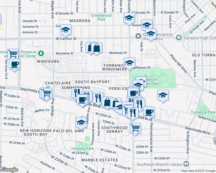 map of restaurants, bars, coffee shops, grocery stores, and more near 2164 Shelburne Way in Torrance