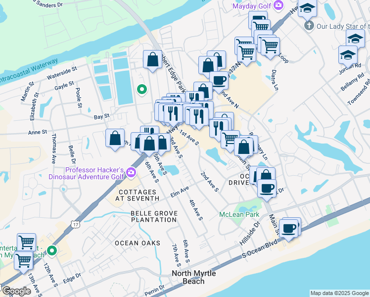 map of restaurants, bars, coffee shops, grocery stores, and more near 105 Barnwell Street in North Myrtle Beach