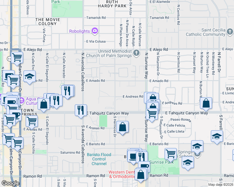 map of restaurants, bars, coffee shops, grocery stores, and more near 206 North Hermosa Drive in Palm Springs