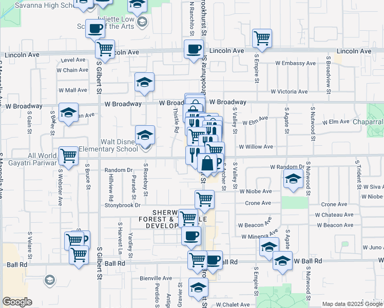map of restaurants, bars, coffee shops, grocery stores, and more near 519 South Brookhurst Street in Anaheim
