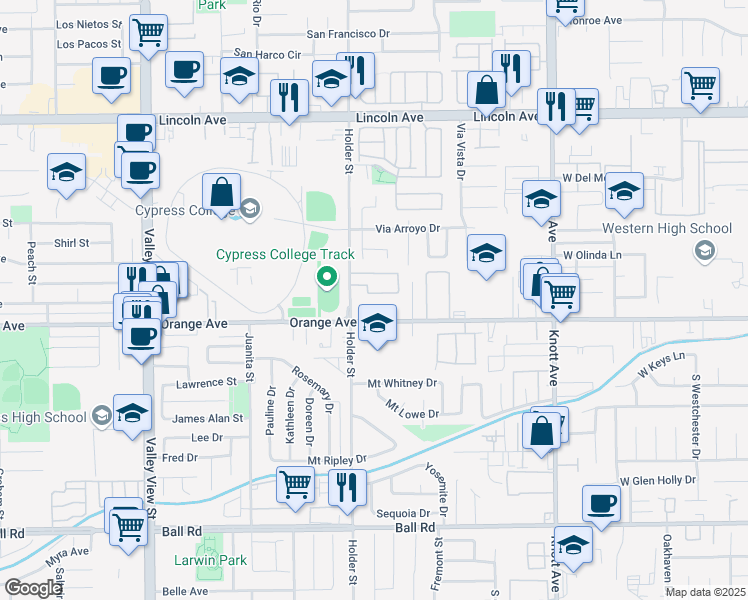 map of restaurants, bars, coffee shops, grocery stores, and more near 6561 Orange Avenue in Anaheim