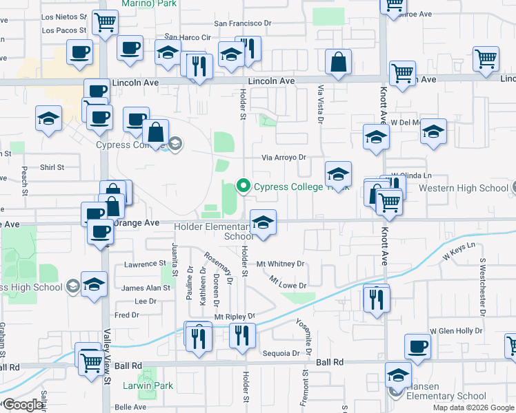 map of restaurants, bars, coffee shops, grocery stores, and more near 6561 Orange Avenue in Anaheim
