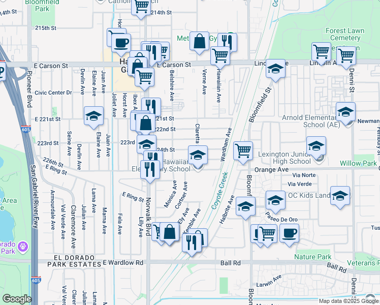 map of restaurants, bars, coffee shops, grocery stores, and more near 12353 Brittain Street in Hawaiian Gardens