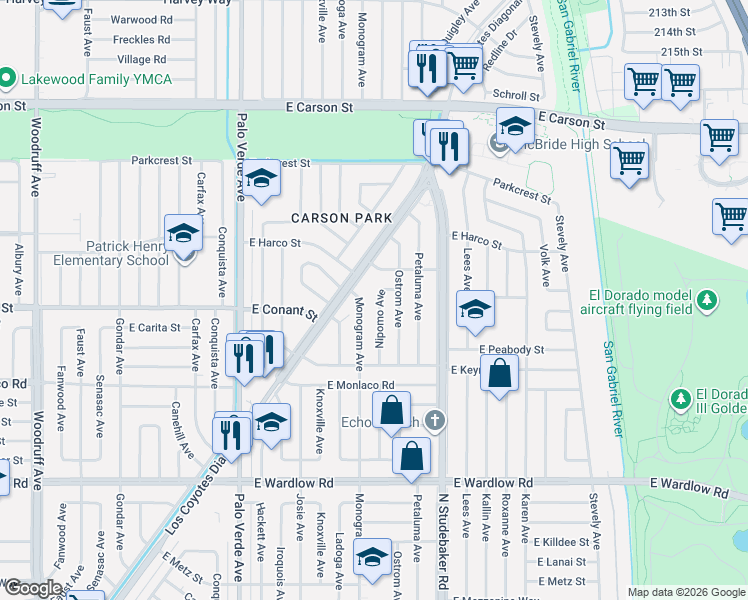 map of restaurants, bars, coffee shops, grocery stores, and more near 3722 Monogram Avenue in Long Beach