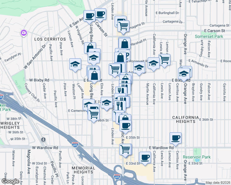map of restaurants, bars, coffee shops, grocery stores, and more near 3720 Linden Avenue in Long Beach