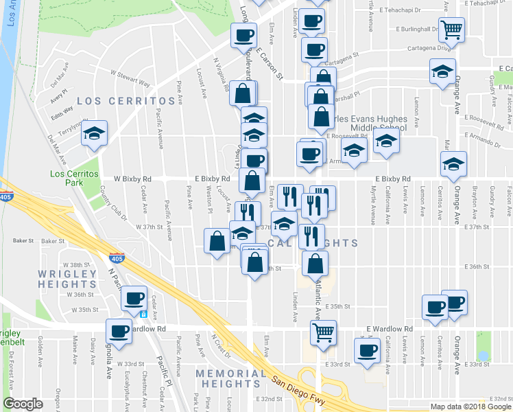 map of restaurants, bars, coffee shops, grocery stores, and more near 3737 Long Beach Boulevard in Long Beach